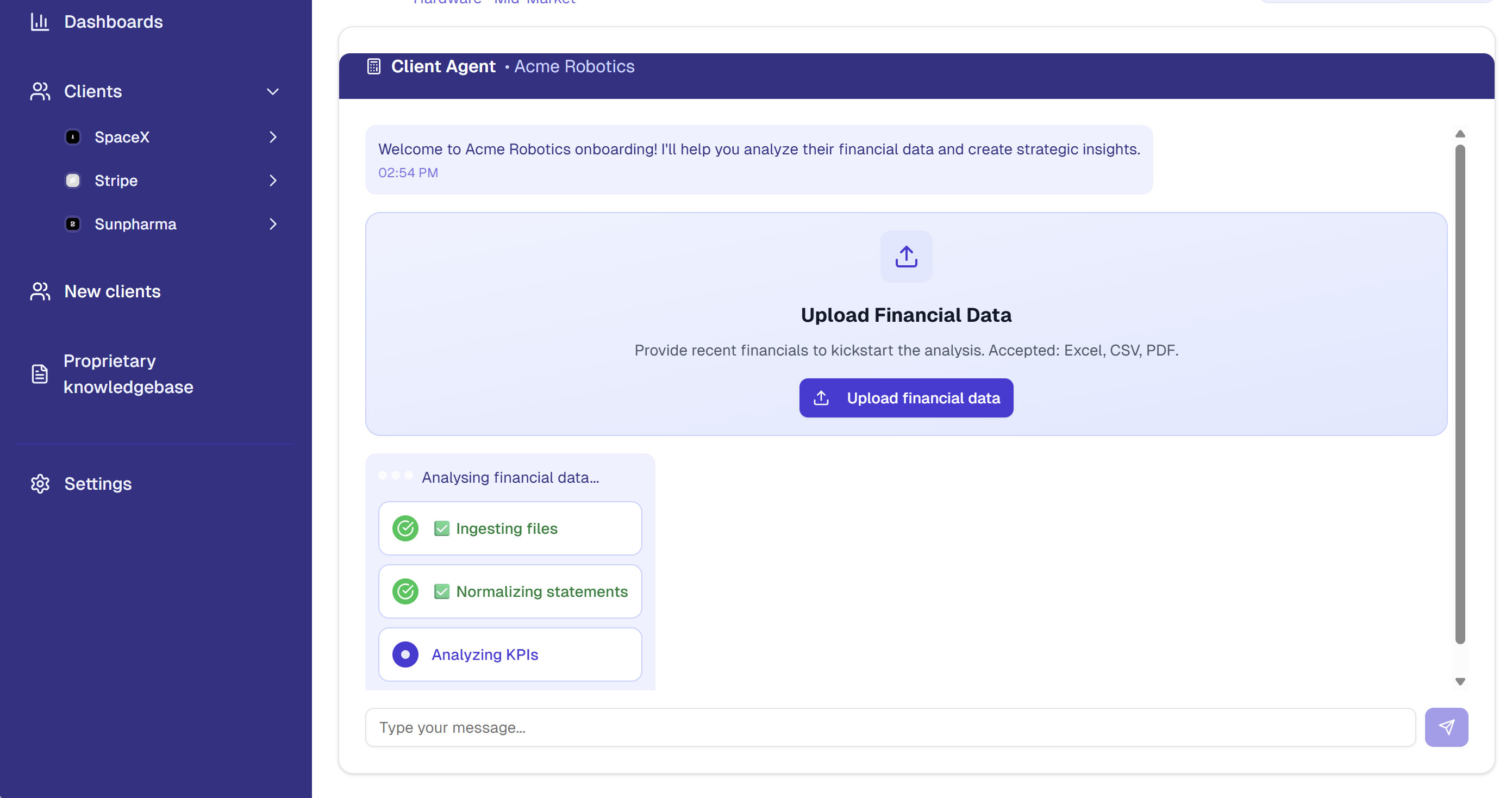 Straticent Client Onboarding Dashboard showing AI-powered financial data analysis workflow with client agent for Acme Robotics, including file ingestion, statement normalization, and KPI analysis