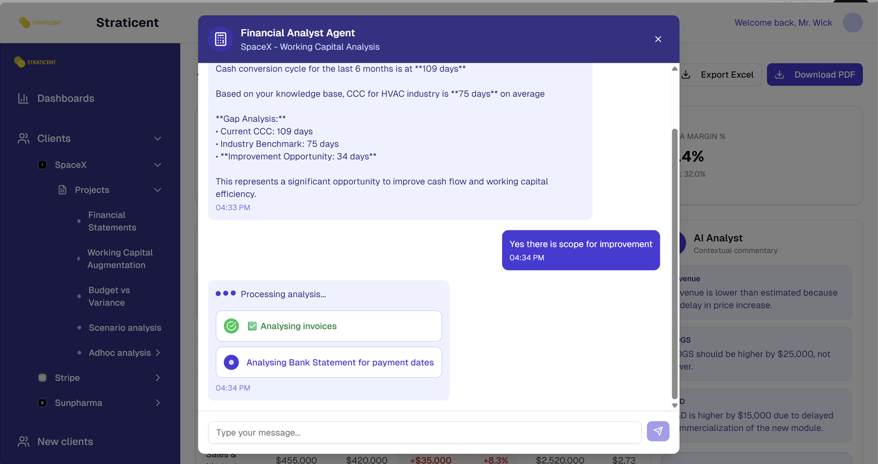 Straticent Financial Analyst Agent showing proactive working capital analysis for SpaceX with AI-powered insights on cash conversion cycle optimization and strategic recommendations