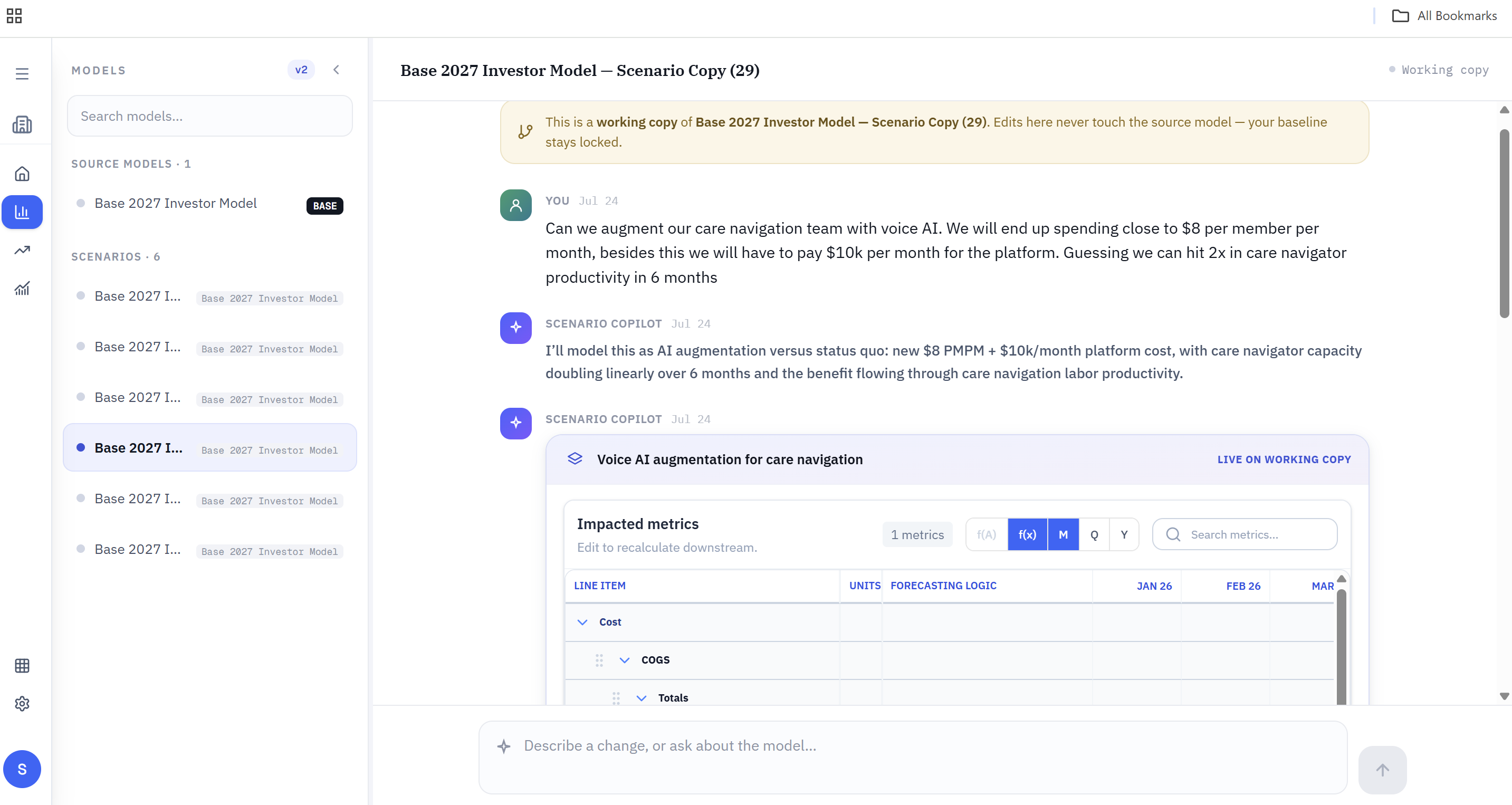 Valzo Scenario Copilot dashboard showing a Base 2027 Investor Model working copy with an AI conversation about voice AI augmentation for care navigation and an impacted metrics forecasting table